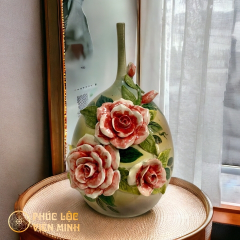 Bình Hoa Cao Cấp Đắp Nổi Độc Bản Gốm Sứ Bát Tràng - Phúc Lộc Viên Minh - VM451