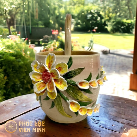 Bình Hoa Cao Cấp Đắp Nổi Độc Bản Gốm Sứ Bát Tràng - Phúc Lộc Viên Minh - VM447