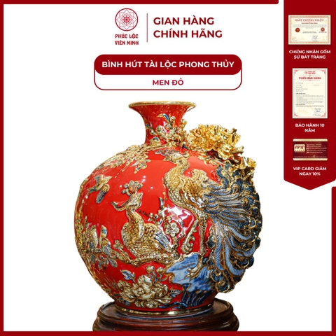 Bình Hút Lộc Công Danh Phú Quý Men Đỏ Vẽ Vàng Gốm Sứ Bát Tràng - Phúc Lộc Viên Minh