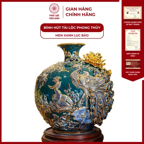 Bình Hút Lộc Công Danh Phú Quý Men Xanh Lục Bảo Họa Tiết Xanh Vẽ Vàng Gốm Sứ Bát Tràng - Phúc Lộc Viên Minh