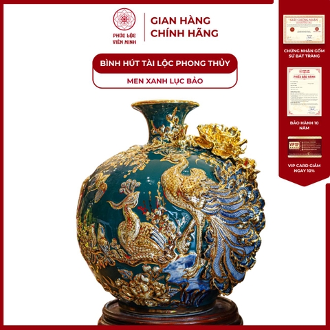 Bình Hút Lộc Công Danh Phú Quý Men Xanh Lục Bảo Vẽ Vàng Gốm Sứ Bát Tràng - Phúc Lộc Viên Minh