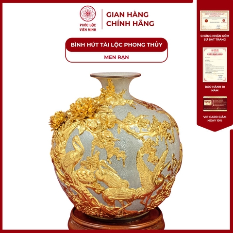 Bình Hút Lộc Diên Niên Trường Thọ Men Rạn Dát Vàng Gốm Sứ Bát Tràng - Phúc Lộc Viên Minh