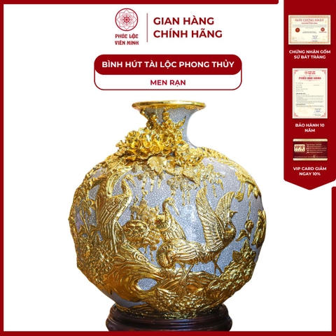 Bình Hút Lộc Diên Niên Trường Thọ Men Rạn Vẽ Vàng Gốm Sứ Bát Tràng - Phúc Lộc Viên Minh