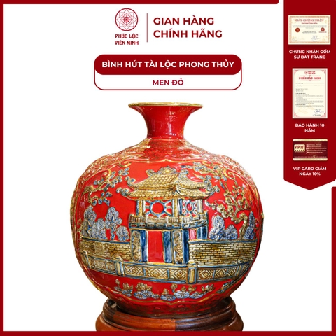 Bình Hút Lộc Hà Nội Men Đỏ Vẽ Vàng Gốm Sứ Bát Tràng - Phúc Lộc Viên Minh