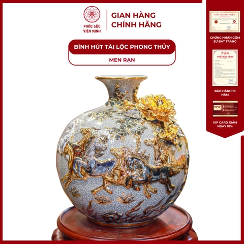 Bình Hút Lộc Mã Đáo Thành Công Men Rạn Vẽ Vàng Gốm Sứ Bát Tràng - Phúc Lộc Viên Minh