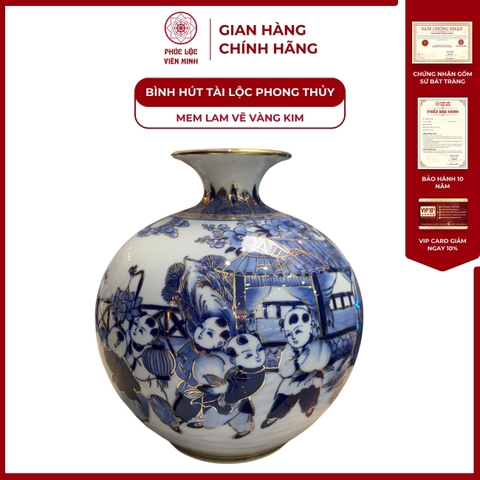 Bình Hút Lộc Đơn Cảnh Bách Nhi Đồ Men Lam Vẽ Vàng Kim Gốm Sứ Bát Tràng - Phúc Lộc Viên Minh
