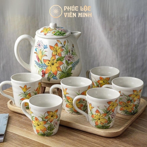 Bộ Ấm Chén Cao Cấp Gốm Sứ Bát Tràng - Phúc Lộc Viên Minh - VM155