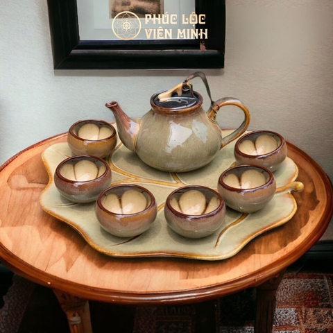 Bộ Ấm Chén Hồ Lô Gấm Khay Lá Bỏng Cao Cấp Gốm Sứ Bát Tràng - Phúc Lộc Viên Minh