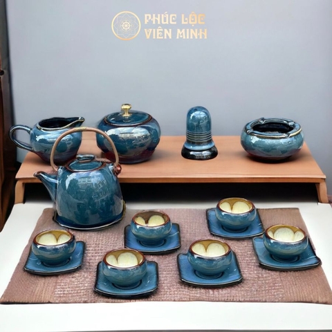 Bộ Ấm Chén Siêu Xanh Lòng Hoa Kèm Phụ Kiện Cao Cấp Gốm Sứ Bát Tràng - Phúc Lộc Viên Minh