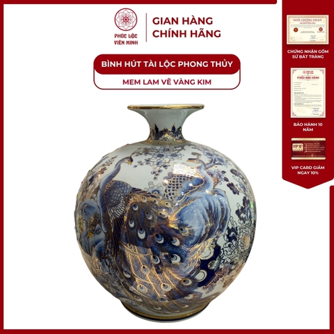Bình Hút Lộc Đơn Cảnh Công Thành Danh Toại Men Lam Vẽ Vàng Kim Gốm Sứ Bát Tràng - Phúc Lộc Viên Minh