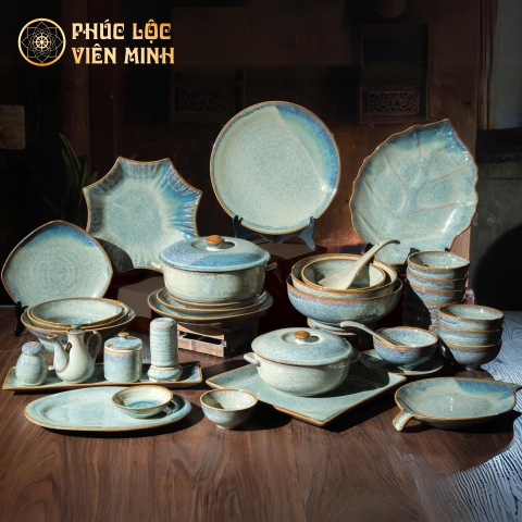 Bộ Đồ Ăn Men Hỏa Biến Xanh Ngọc Cao Cấp Gốm Sứ Bát Tràng - Phúc Lộc Viên Minh