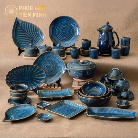 Bộ Đồ Ăn Men Hỏa Biến Xanh Lam Cao Cấp Gốm Sứ Bát Tràng - Phúc Lộc Viên Minh