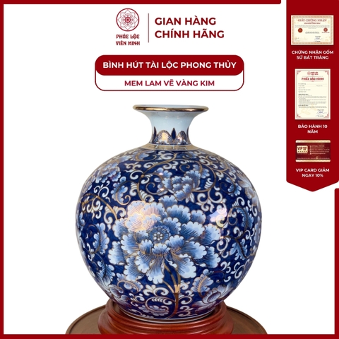 Bình Hút Lộc Đơn Cảnh Men Lam Vẽ Vàng Kim Gốm Sứ Bát Tràng - Phúc Lộc Viên Minh