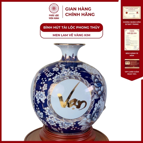 Bình Hút Lộc Tứ Cảnh Men Lam Vẽ Vàng Kim Gốm Sứ Bát Tràng - Phúc Lộc Viên Minh