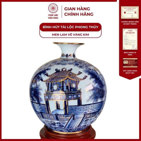 Bình Hút Lộc Nhị Cảnh Chùa Một Cột Men Lam Vẽ Vàng Kim Gốm Sứ Bát Tràng - Phúc Lộc Viên Minh