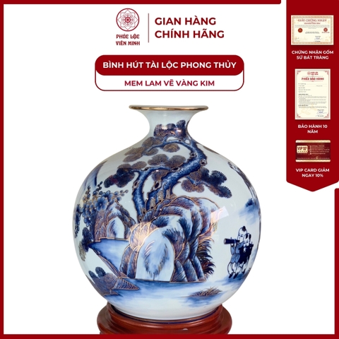 Bình Hút Lộc Đơn Cảnh Men Lam Vẽ Vàng Kim Gốm Sứ Bát Tràng - Phúc Lộc Viên Minh
