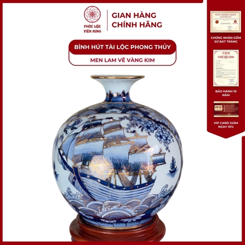 Bình Hút Lộc Nhị Cảnh Thuận Buồm Xuôi Gió Men Lam Vẽ Vàng Kim Gốm Sứ Bát Tràng - Phúc Lộc Viên Minh