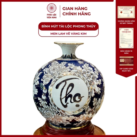Bình Hút Lộc Nhị Cảnh Men Lam Vẽ Vàng Kim Gốm Sứ Bát Tràng - Phúc Lộc Viên Minh