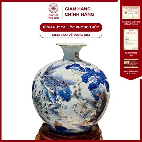 Bình Hút Lộc Đơn Cảnh Lý Ngư Vọng Nguyệt Men Lam Vẽ Vàng Kim Gốm Sứ Bát Tràng - Phúc Lộc Viên Minh - PLVM032