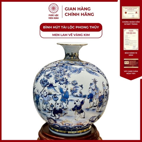 Bình Hút Lộc Nhị Cảnh Men Lam Vẽ Vàng Kim Gốm Sứ Bát Tràng - Phúc Lộc Viên Minh