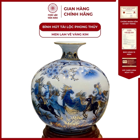 Bình Hút Lộc Nhị Cảnh Men Lam Vẽ Vàng Kim Gốm Sứ Bát Tràng - Phúc Lộc Viên Minh