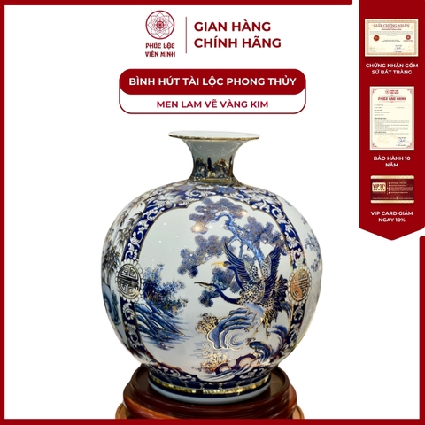 Bình Hút Lộc Tứ Cảnh Men Lam Vẽ Vàng Kim Gốm Sứ Bát Tràng - Phúc Lộc Viên Minh