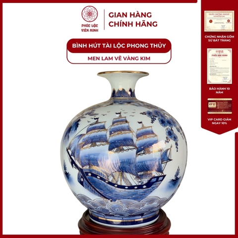 Bình Hút Lộc Nhị Cảnh Men Lam Vẽ Vàng Kim Gốm Sứ Bát Tràng - Phúc Lộc Viên Minh