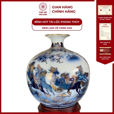 Bình Hút Lộc Nhị Cảnh Thuận Buồm Xuôi Gió Men Lam Vẽ Vàng Kim Gốm Sứ Bát Tràng - Phúc Lộc Viên Minh - PLVM016