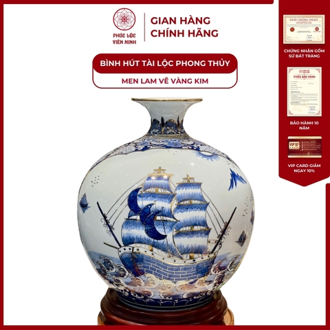Bình Hút Lộc Nhị Cảnh Men Lam Vẽ Vàng Kim Gốm Sứ Bát Tràng - Phúc Lộc Viên Minh