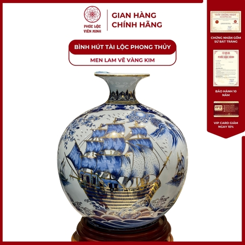 Bình Hút Lộc Nhị Cảnh Thuận Buồm Xuôi Gió Men Lam Vẽ Vàng Kim Gốm Sứ Bát Tràng - Phúc Lộc Viên Minh