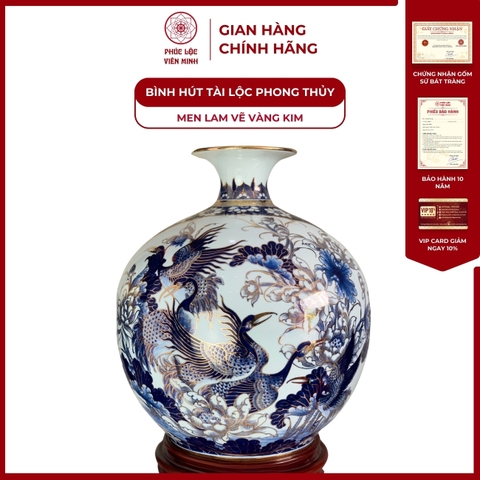 Bình Hút Lộc Nhị Cảnh Chim Trĩ Men Lam Vẽ Vàng Kim Gốm Sứ Bát Tràng - Phúc Lộc Viên Minh