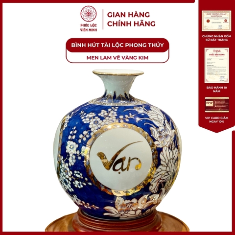 Bình Hút Lộc Tứ Cảnh Men Lam Vẽ Vàng Kim Gốm Sứ Bát Tràng - Phúc Lộc Viên Minh