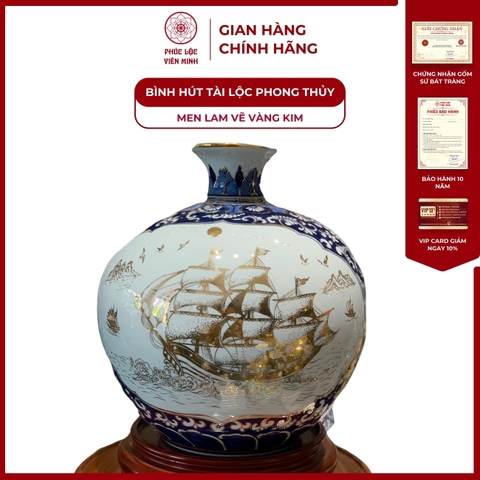 Bình Hút Lộc Nhị Cảnh Men Lam Vẽ Vàng Kim Gốm Sứ Bát Tràng - Phúc Lộc Viên Minh