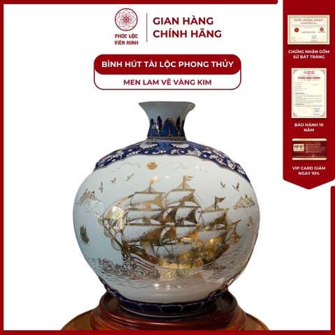 Bình Hút Lộc Nhị Cảnh Men Lam Vàng Kim Gốm Sứ Bát Tràng - Phúc Lộc Viên Minh