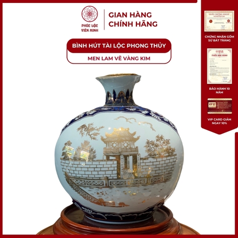 Bình Hút Lộc Nhị Cảnh Men Lam Vẽ Vàng Kim Gốm Sứ Bát Tràng - Phúc Lộc Viên Minh