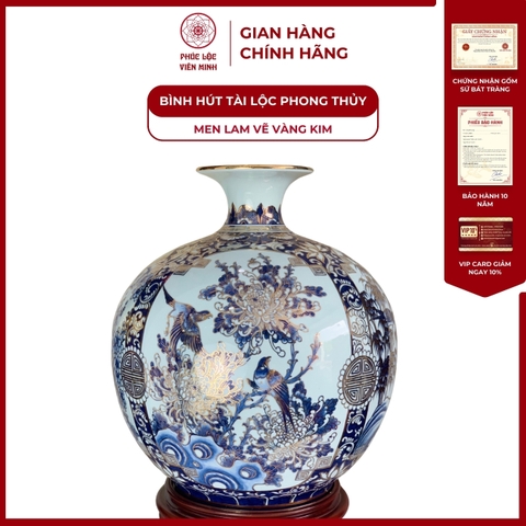Bình Hút Lộc Tứ Cảnh Men Lam Vẽ Vàng Kim Gốm Sứ Bát Tràng - Phúc Lộc Viên Minh
