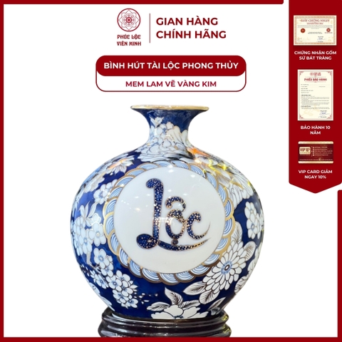 Bình Hút Lộc Đơn Cảnh Men Lam Vẽ Vàng Kim Gốm Sứ Bát Tràng - Phúc Lộc Viên Minh