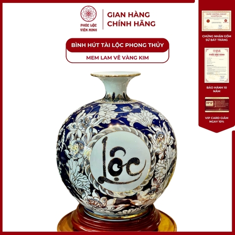 Bình Hút Lộc Đơn Cảnh Men Lam Vẽ Vàng Kim Gốm Sứ Bát Tràng - Phúc Lộc Viên Minh