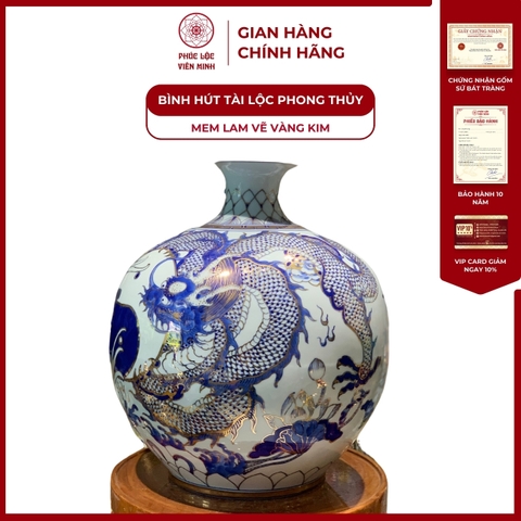 Bình Hút Lộc Đơn Cảnh Men Lam Vẽ Vàng Kim Gốm Sứ Bát Tràng - Phúc Lộc Viên Minh