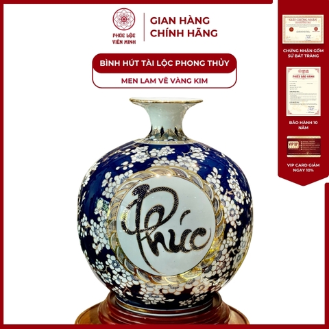 Bình Hút Lộc Nhị Cảnh Men Lam Vẽ Vàng Kim Gốm Sứ Bát Tràng - Phúc Lộc Viên Minh