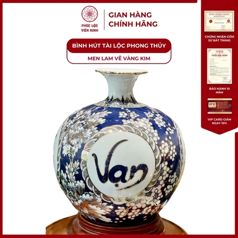 Bình Hút Lộc Tứ Cảnh Men Lam Vẽ Vàng Kim Gốm Sứ Bát Tràng - Phúc Lộc Viên Minh