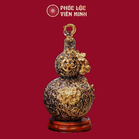 Hồ Lô Trăm Hoa Đua Nở Chữ Lộc Đắp Nổi Men Xanh Coban Vẽ Vàng Gốm Sứ Bát Tràng - Phúc Lộc Viên Minh