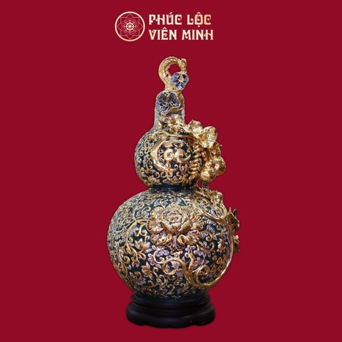 Hồ Lô Trăm Hoa Đua Nở Chữ Lộc Đắp Nổi Men Xanh Lục Bảo Vẽ Vàng Gốm Sứ Bát Tràng - Phúc Lộc Viên Minh