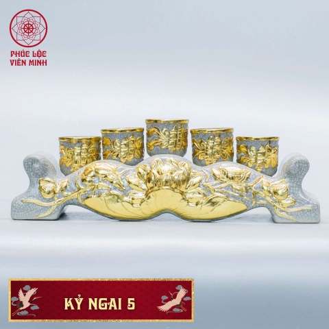 Kỷ Ngai Sen 5 Chén Cao Cấp Gốm Sứ Bát Tràng - Phúc Lộc Viên Minh