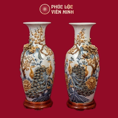 Lọ Hoa Công Danh Phú Quý Kênh Bong Men Rạn Đắp Nổi Gốm Sứ Bát Tràng - Phúc Lộc Viên Minh