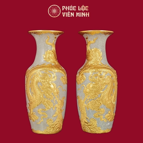 Lọ Hoa Long Quấn Thủy Men Rạn Dát Vàng Gốm Sứ Bát Tràng - Phúc Lộc Viên Minh