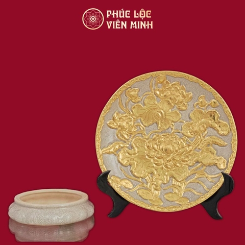 Mâm Bồng Hoa Sen Men Rạn Đắp Nổi Dát Vàng Gốm Sứ Bát Tràng - Phúc Lộc Viên Minh