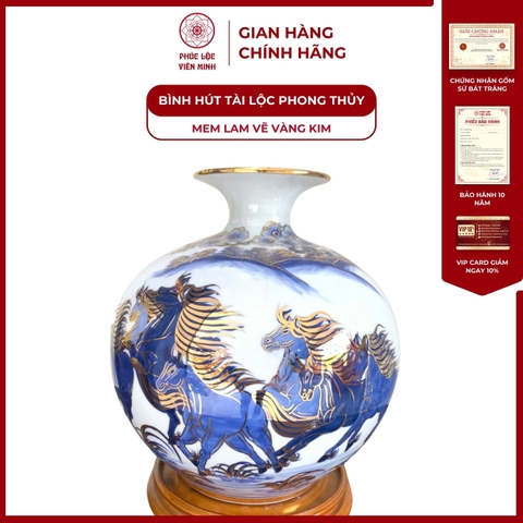 Bình Hút Lộc Đơn Cảnh Mã Đáo Thành Công Men Lam Vẽ Vàng Kim Gốm Sứ Bát Tràng - Phúc Lộc Viên Minh