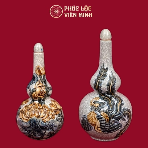Nậm Rượu 2 Bầu Phượng Men Rạn Đắp Nổi Gốm Sứ Bát Tràng - Phúc Lộc Viên Minh