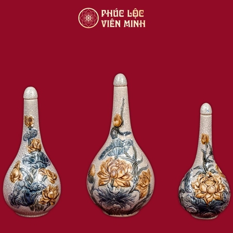 Nậm Rượu Sen Men Rạn Đắp Nổi Gốm Sứ Bát Tràng - Phúc Lộc Viên Minh